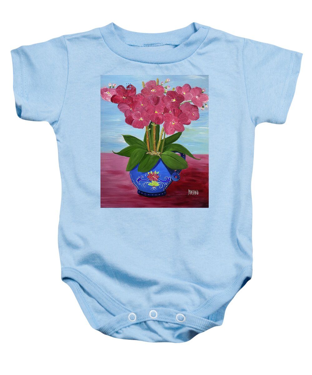 Orchids Baby Onesie featuring the painting Orchids in a Tuscan Pot by Sue Dinenno