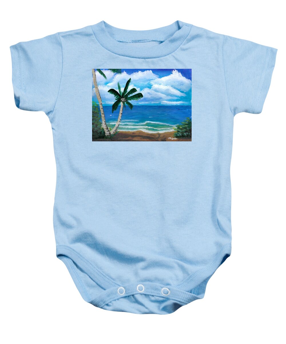 Palm Baby Onesie featuring the painting Palms on beach by David Bigelow