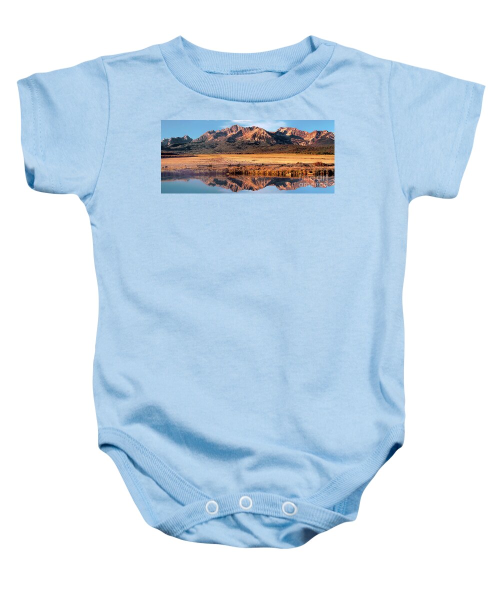 North America Baby Onesie featuring the photograph Panorama Reflections Sawtooth Mountains NRA Idaho by Dave Welling