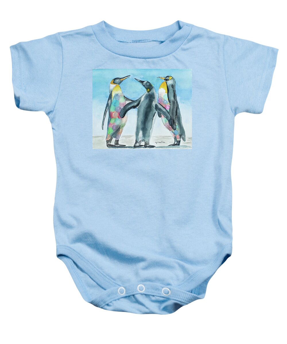Penguins Baby Onesie featuring the painting Parti Penguins by Claudette Carlton
