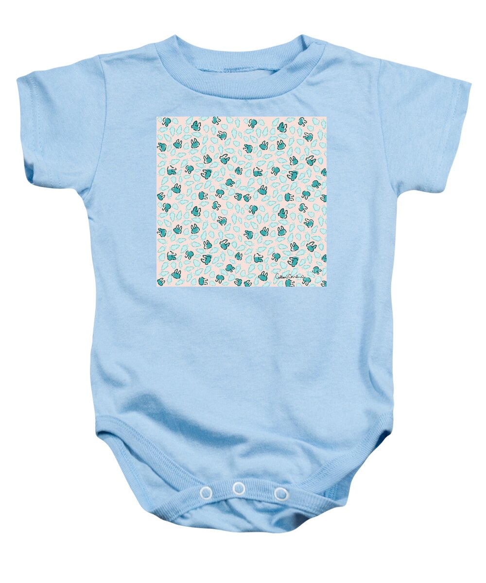 Bunny Baby Onesie featuring the digital art Pastel Blue Bunnies and Sky Blue Carrots on Cotton Candy Pink Easter Pattern by Colleen Cornelius