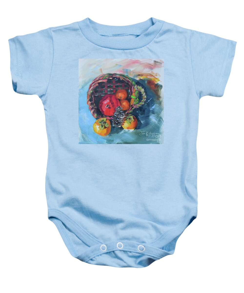  Baby Onesie featuring the painting Persimmons and Pomegranate in Mother's Basket by Jan Dappen