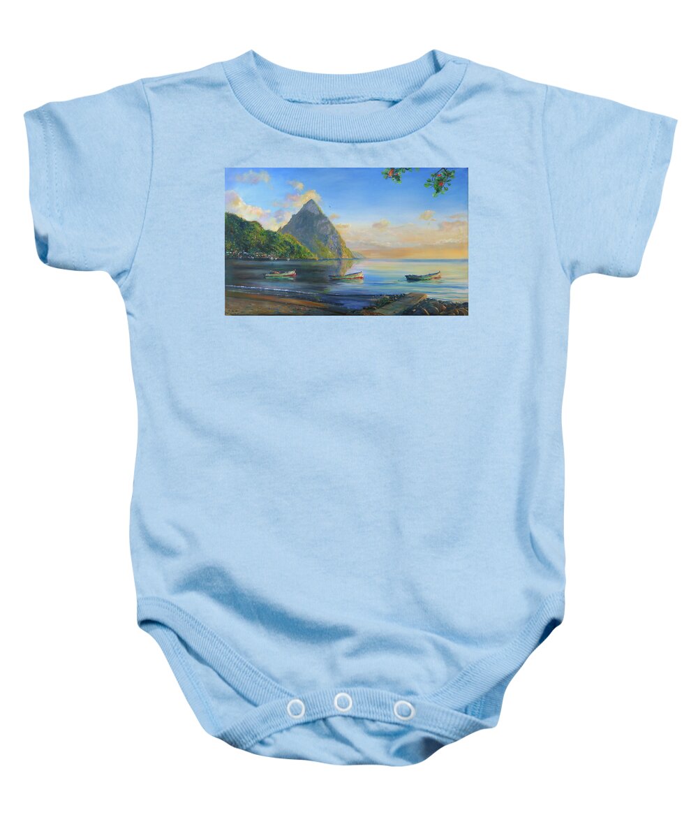 Caribbean Baby Onesie featuring the painting Petit Piton with Three Gommier Boats by Jonathan Gladding
