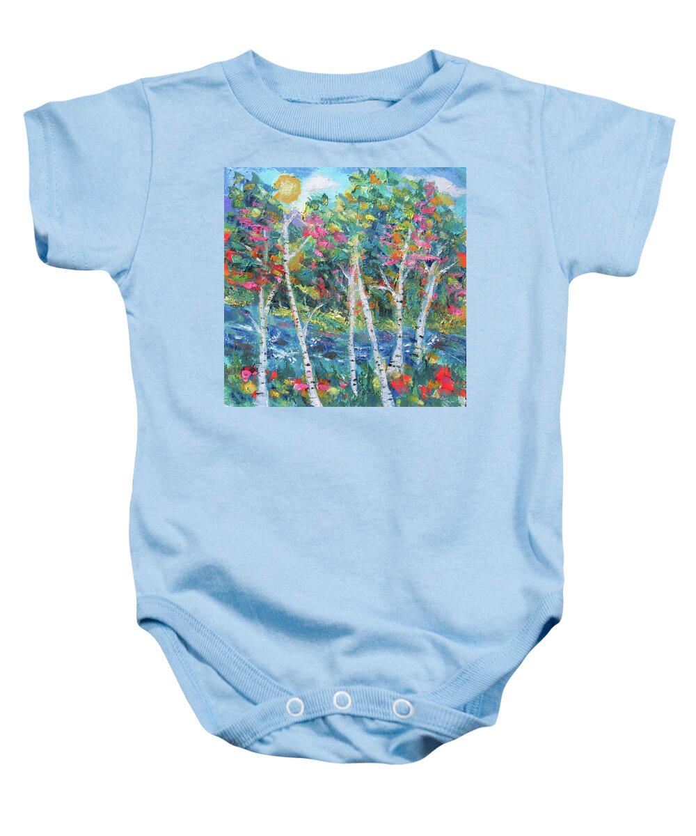 Colorful Forest Baby Onesie featuring the painting Pink Trees by Jean Batzell Fitzgerald