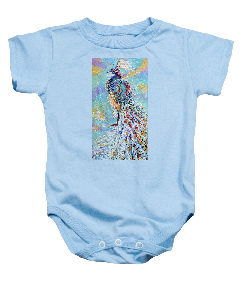 Peacock Baby Onesie featuring the painting Poised Glory by Jyotika Shroff