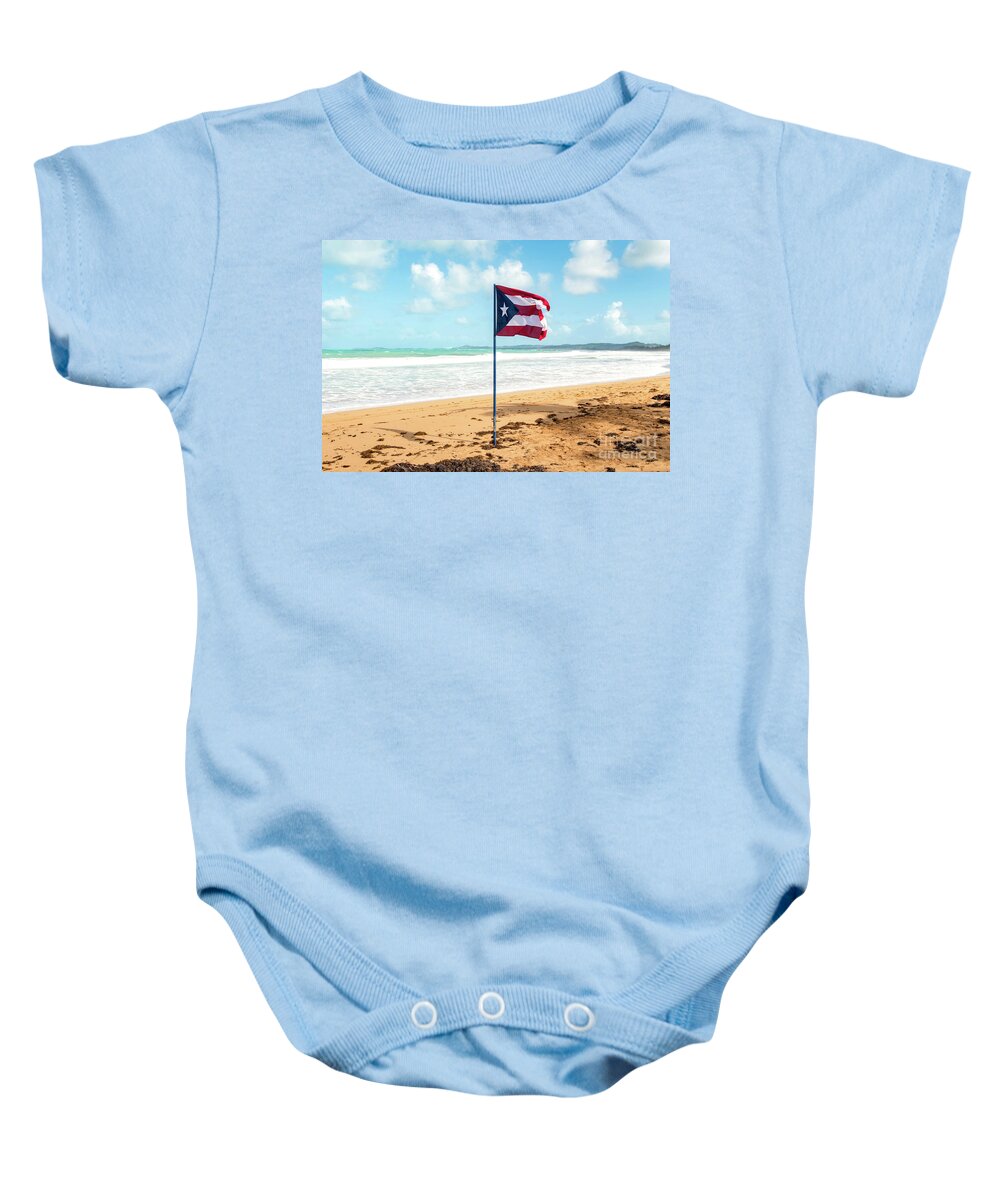Puerto Baby Onesie featuring the photograph Puerto Rican Flag on the Beach, Pinones, Puerto Rico by Beachtown Views