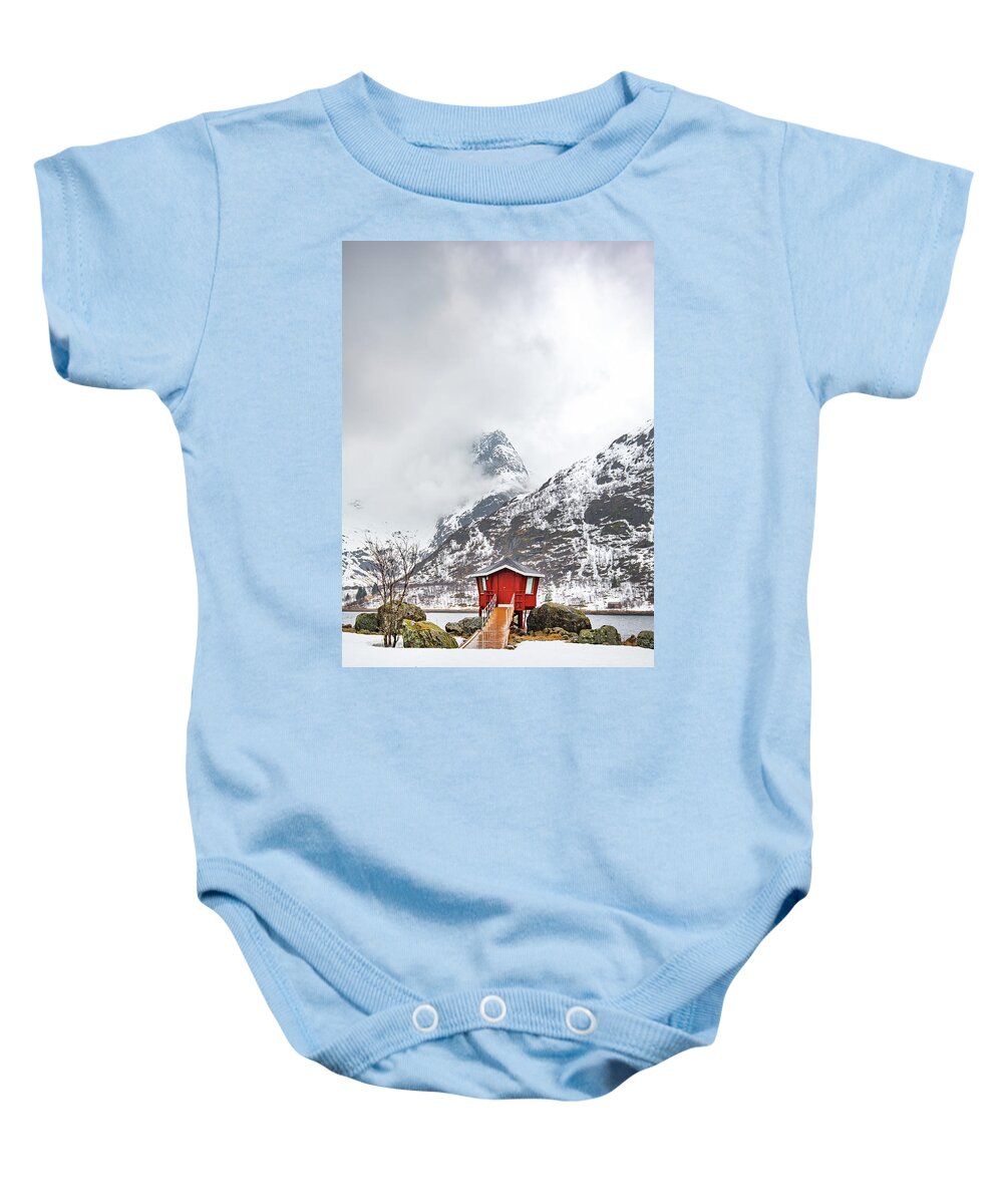 #norway #lofoten #landscape #nature #cabin #mountain #outdoor #snow Baby Onesie featuring the photograph Red Hot Spot by Philippe Sainte-Laudy