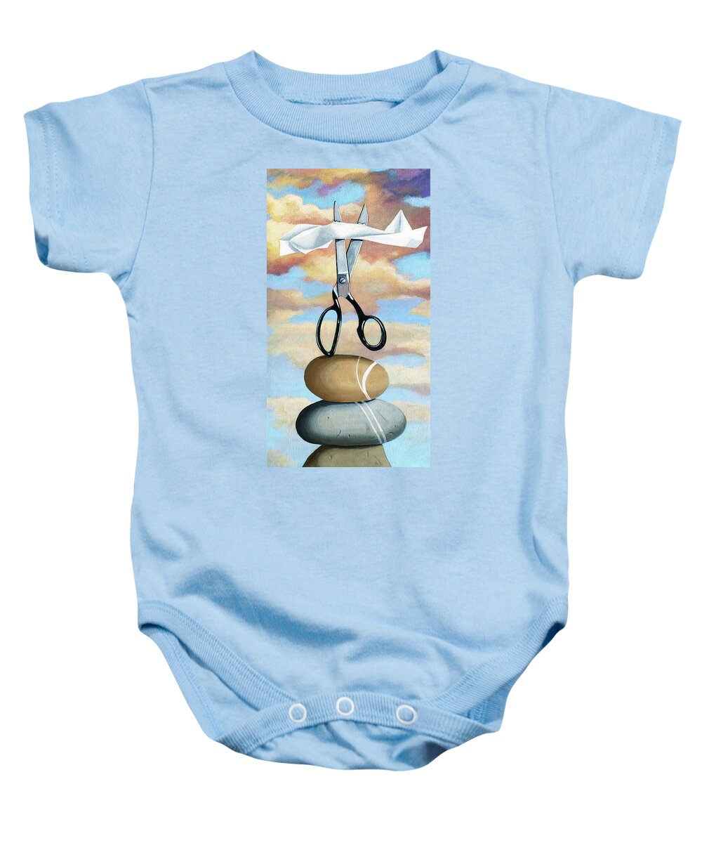 Still Life Baby Onesie featuring the painting Rock, Paper, Scissors by Linda Apple