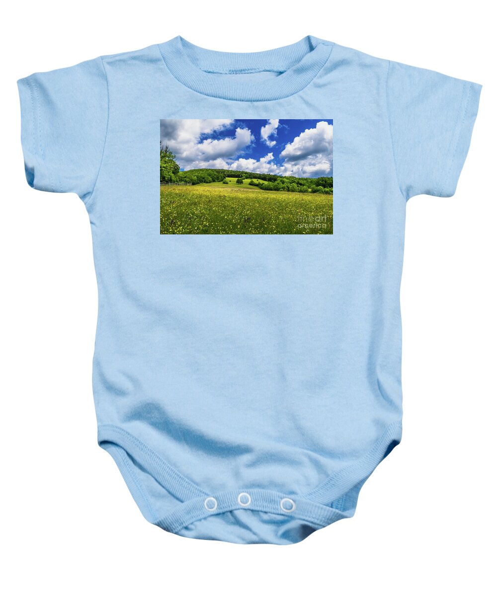 Austria Baby Onesie featuring the photograph Rural Landscape With Forest And Flower Meadow At Cloudy Weather In Austria by Andreas Berthold