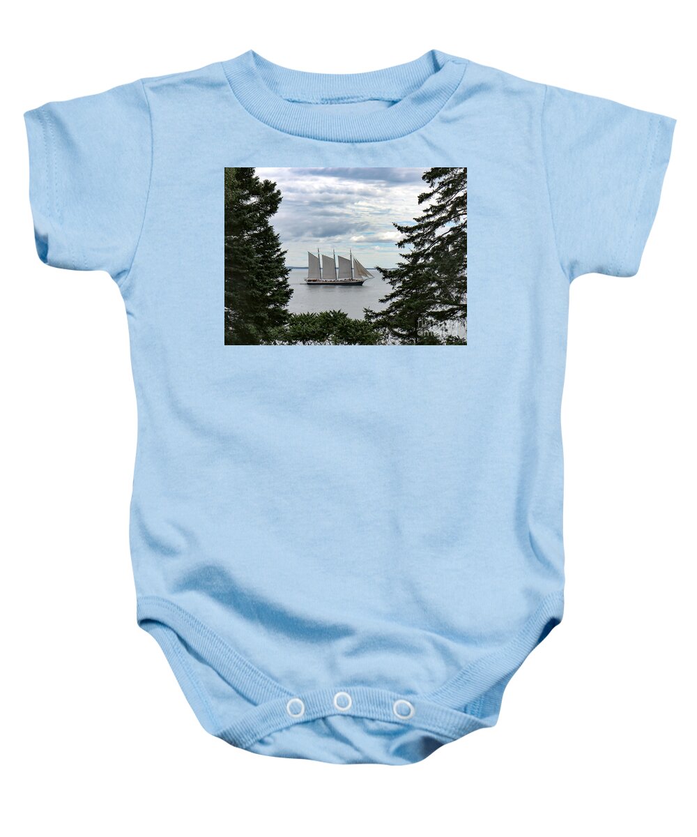 Schooner Baby Onesie featuring the photograph Schooner Between Pines Maine by Veronica Batterson