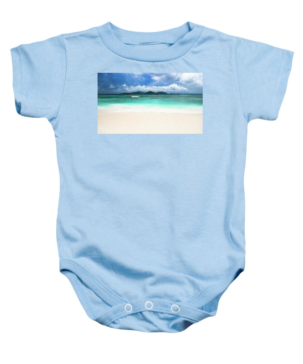 Background Baby Onesie featuring the photograph Seychelles paradise landscape by Jean-Luc Farges