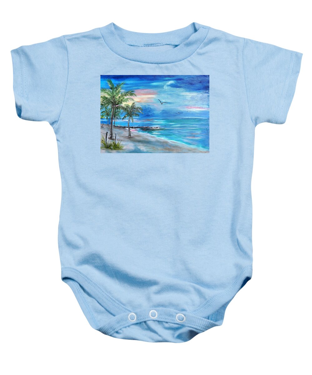 Smathers Beach Baby Onesie featuring the painting Smathers at Dawn by Linda Cabrera