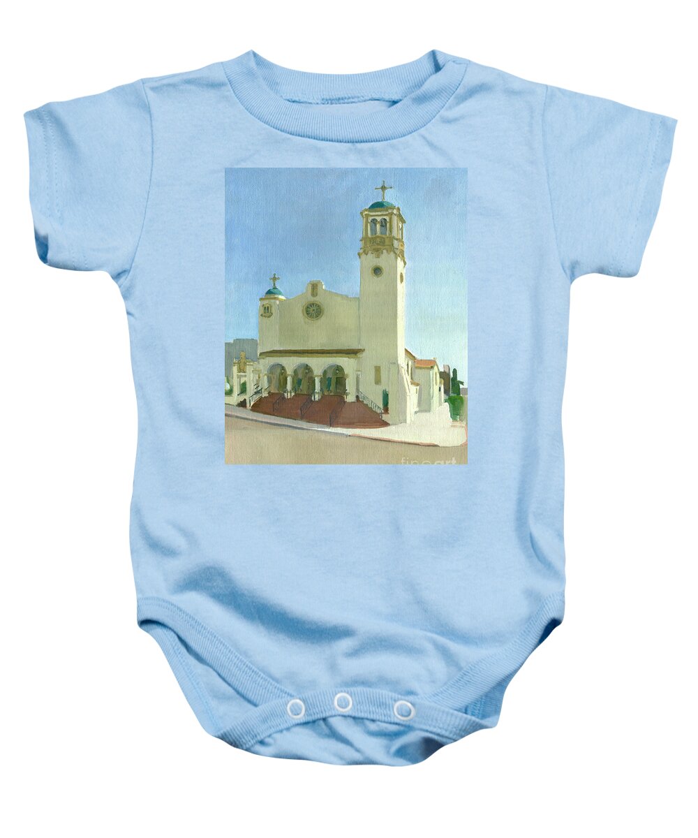 St Joseph Cathedral Baby Onesie featuring the painting St. Joseph Cathedral - San Diego, California by Paul Strahm