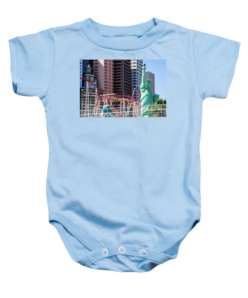 Statue Of Liberty Baby Onesie featuring the photograph Statue of Liberty at New York Las Vegas by Tatiana Travelways