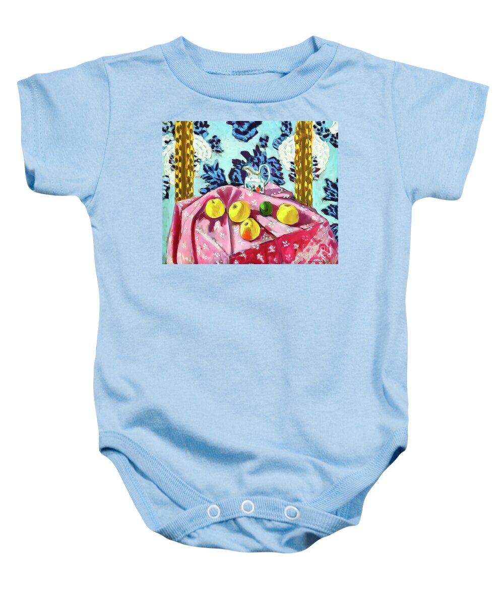 Apples Baby Onesie featuring the painting Still Life With Apples on a Pink Tablecloth by Henri Matisse 1924 by Henri Matisse