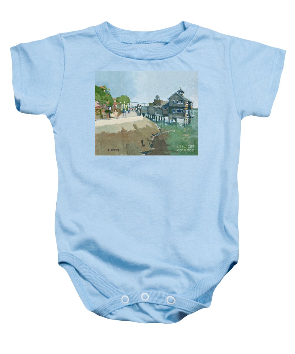 Seaport Village Baby Onesie featuring the painting Strolling thru Seaport Village, San Diego by Paul Strahm