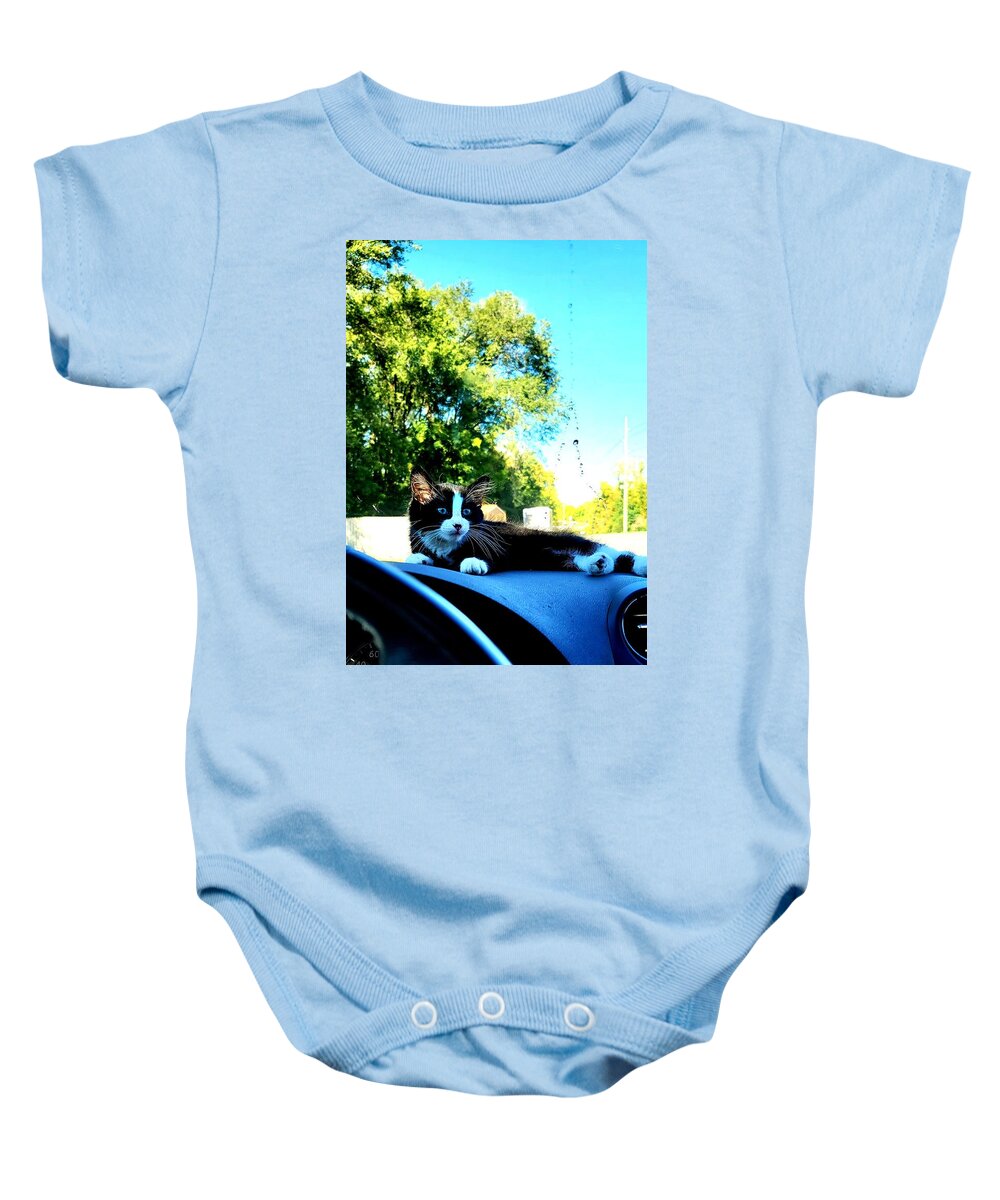 Sun Baby Onesie featuring the photograph Sunbathing on the dash by Shalane Poole