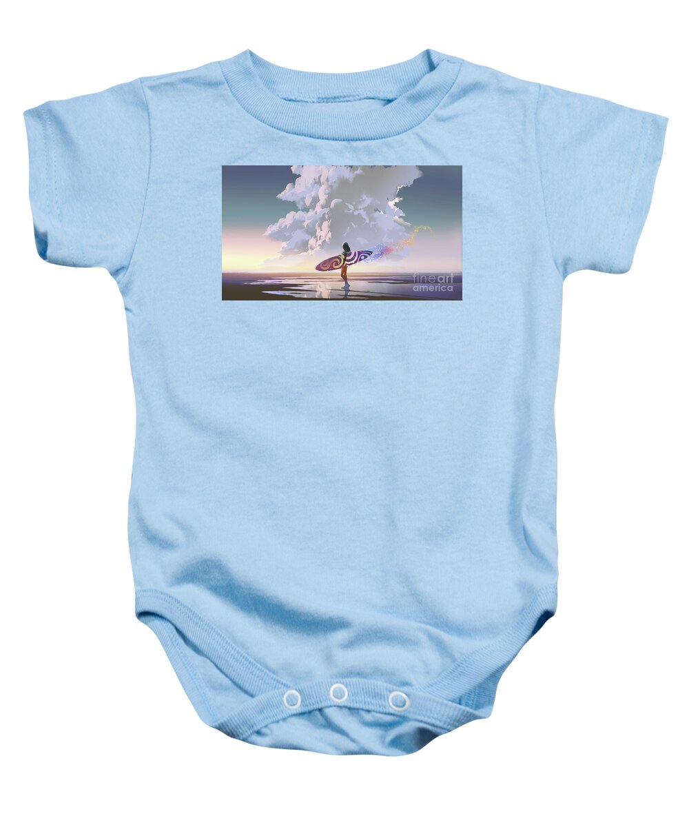 Illustration Baby Onesie featuring the painting Surfer girl with magic surfboard by Tithi Luadthong