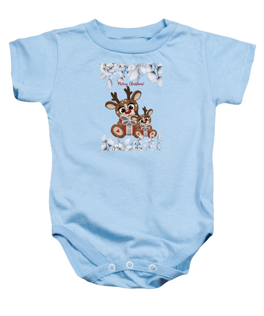 Christmas Baby Onesie featuring the mixed media The Cute Merry Christmas Fawns by Johanna Hurmerinta