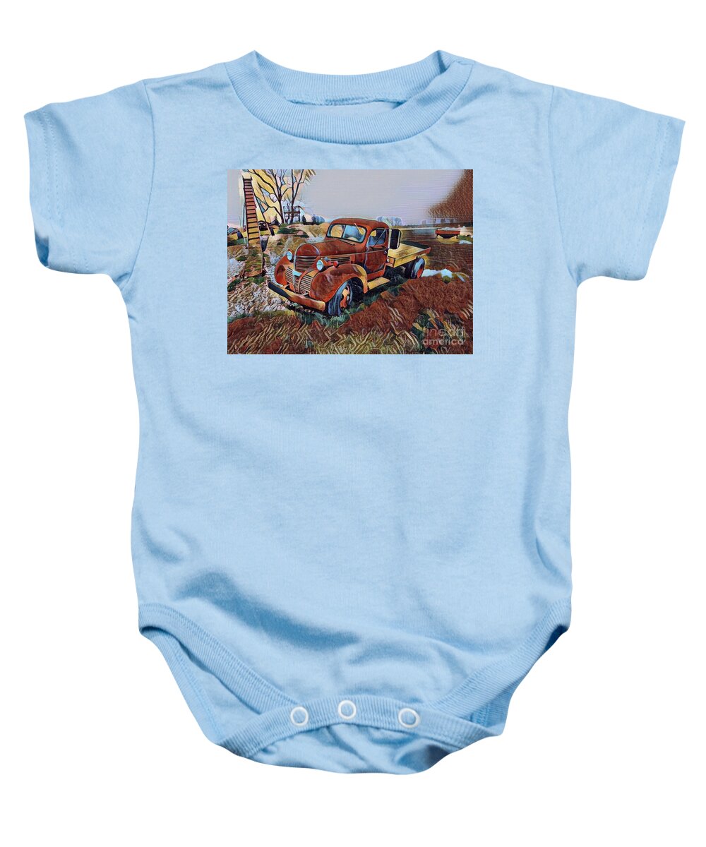 Truck Vehicle Vintage Digital Abstract Car Bag Pillow Baby Onesie featuring the pyrography The Flatbed by Bradley Boug