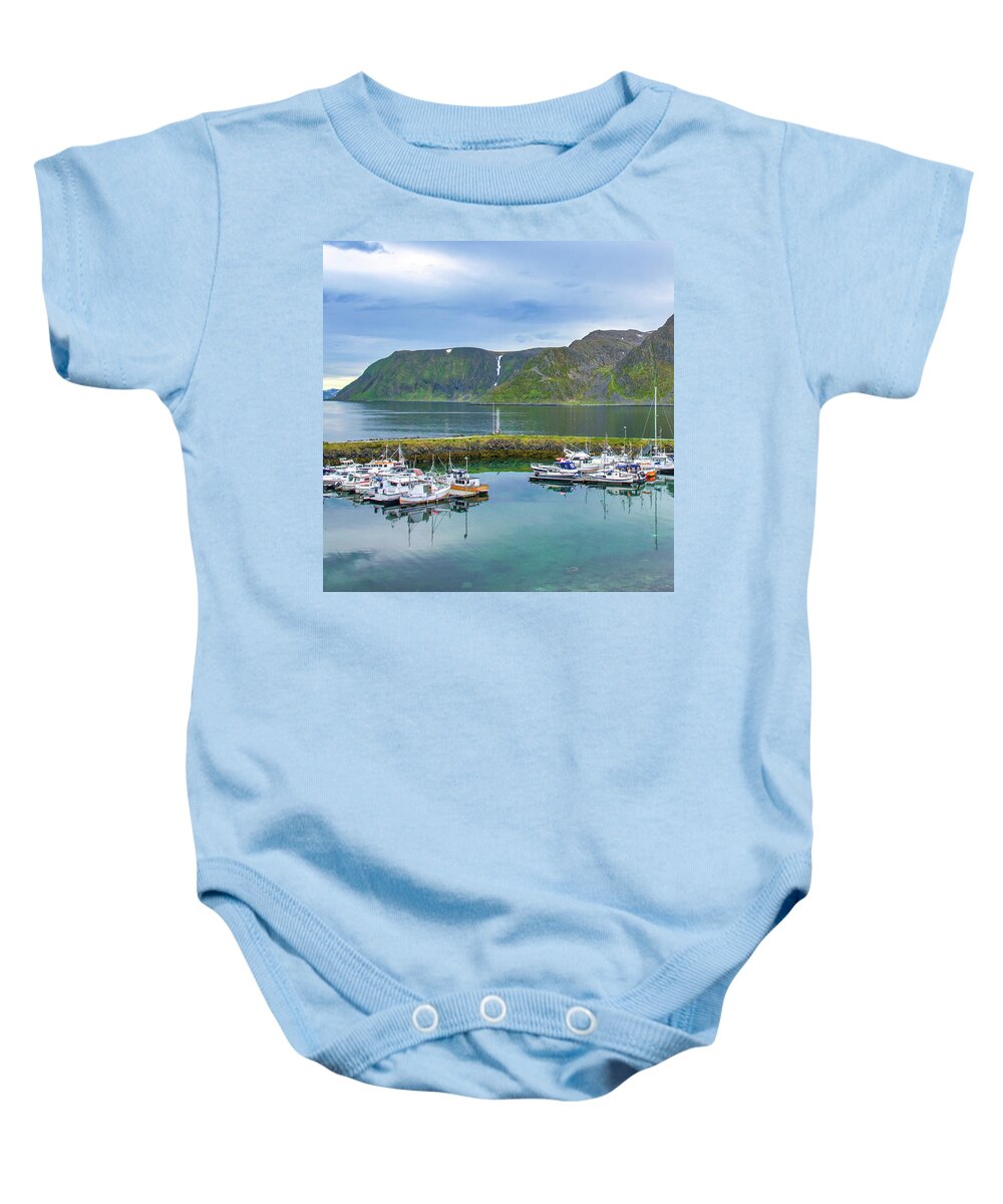 Boat Baby Onesie featuring the photograph The Harbor in Honningsvag, Norway by Matthew DeGrushe