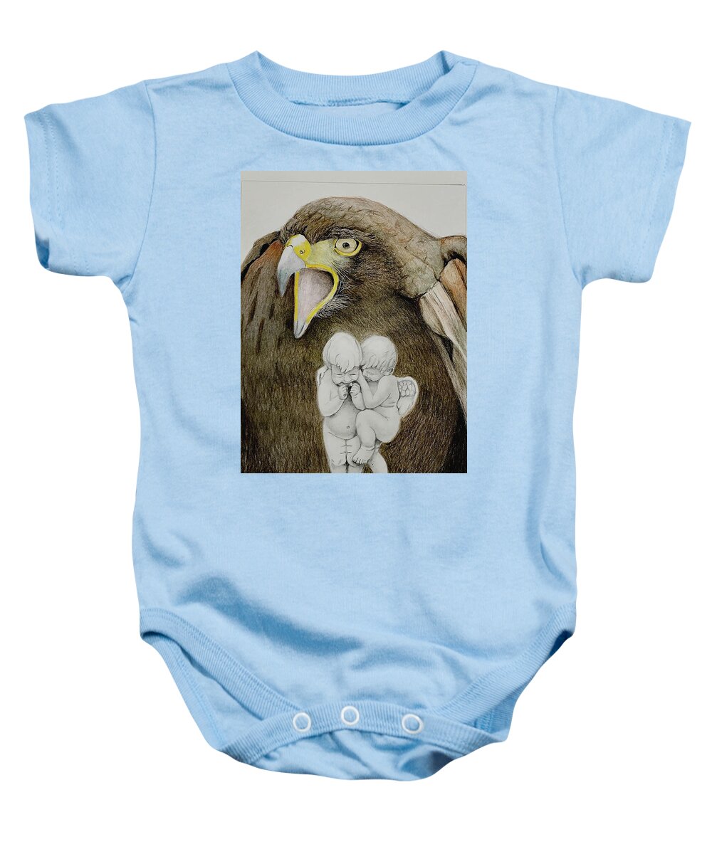 Bird Baby Onesie featuring the drawing The Hawk Guardian by Tim Ernst