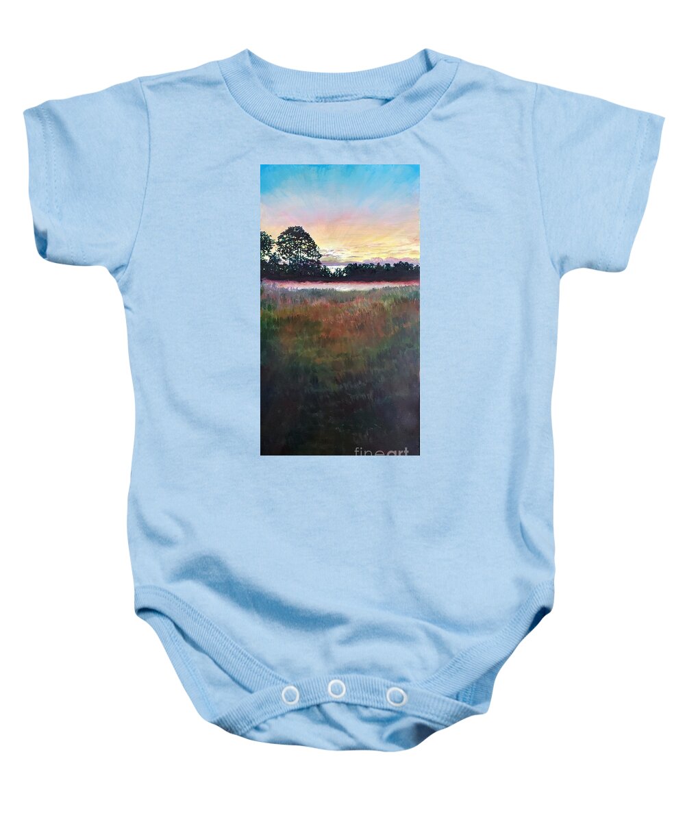 Pond Baby Onesie featuring the painting The Pond at Dawn by Merana Cadorette