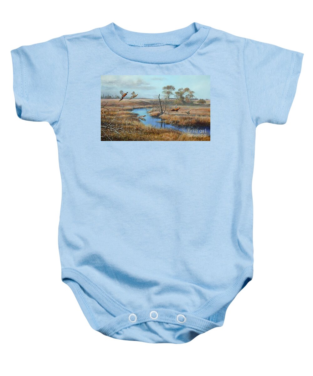 Scott Zoellick Baby Onesie featuring the painting The Slough Pheasants by Scott Zoellick