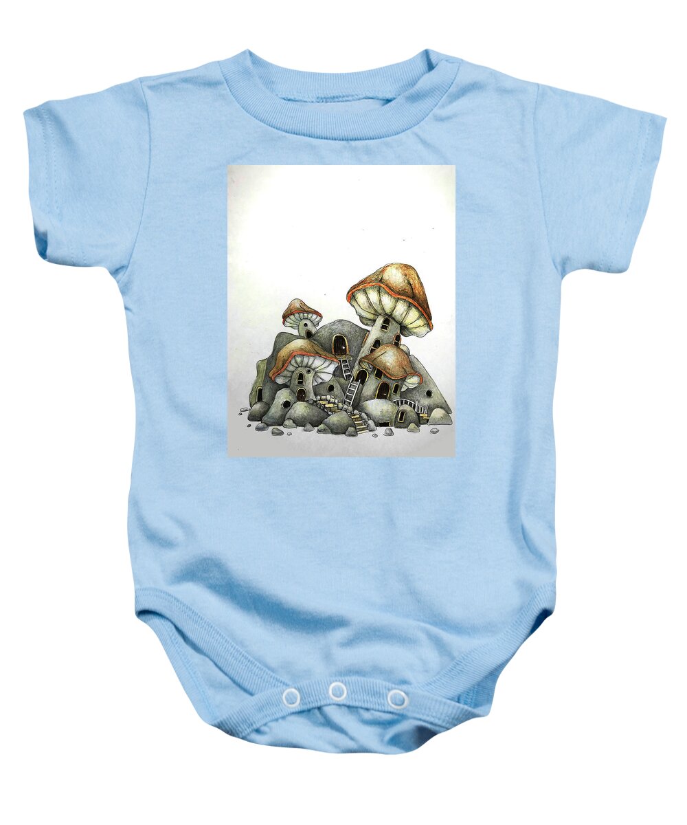 Stone Baby Onesie featuring the drawing The stone mushroom house by Tim Ernst