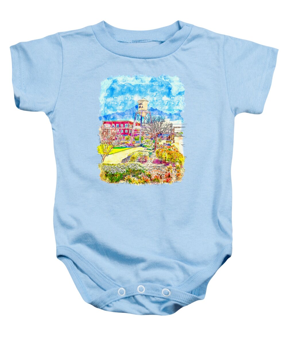 Water Tower Baby Onesie featuring the digital art The Water tower in Market Square, Grand Prairie, Texas - pen sketch and watercolor by Nicko Prints