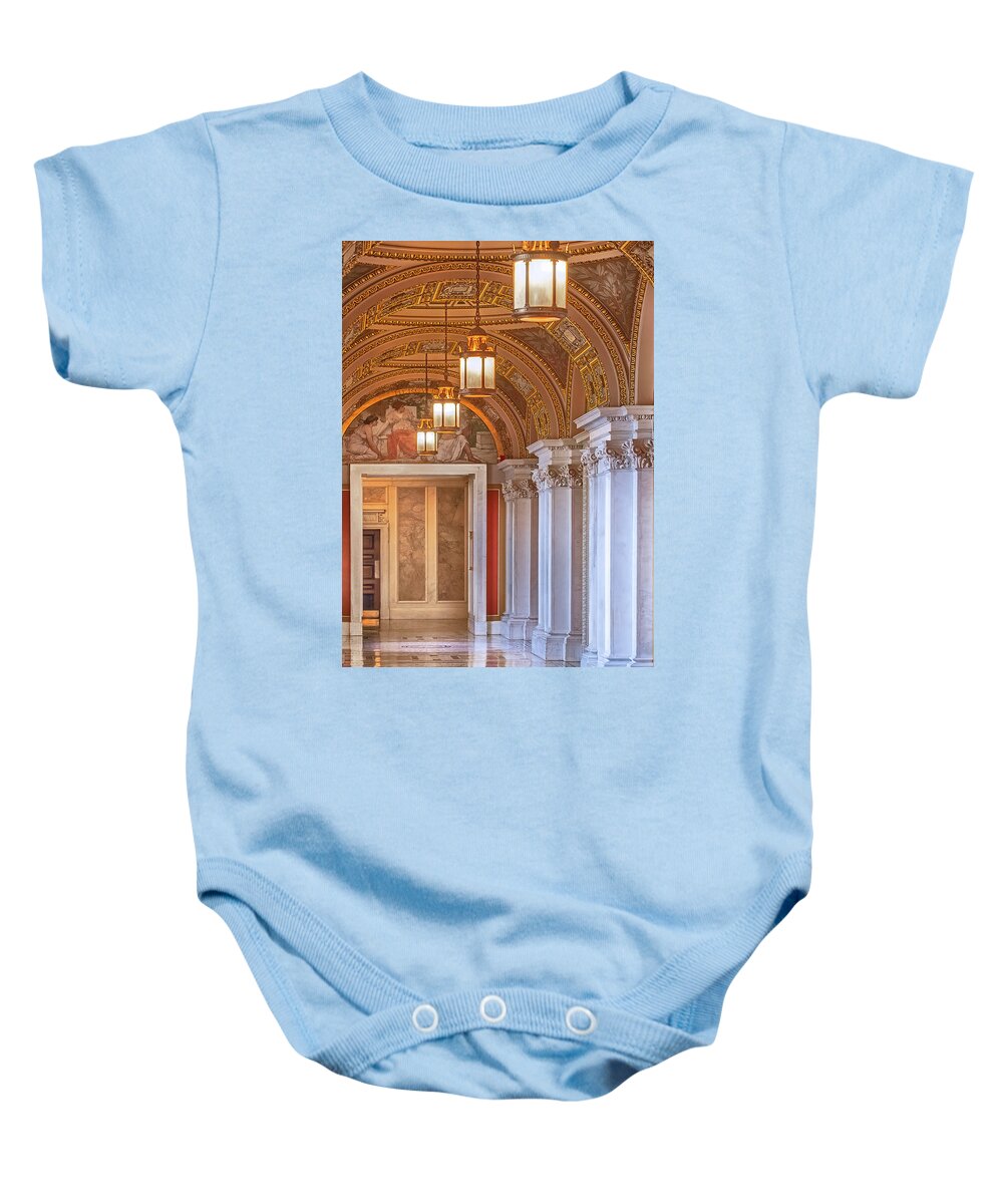 Library Of Congress Baby Onesie featuring the photograph Thomas Jefferson Hallway by Susan Candelario