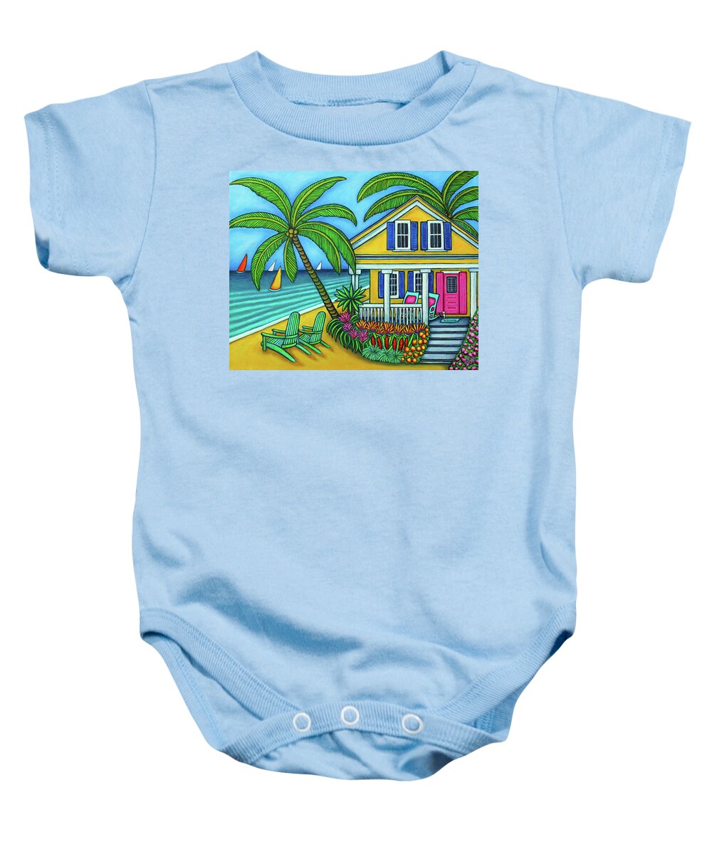 Beach House Baby Onesie featuring the painting Ticket to Paradise by Lisa Lorenz