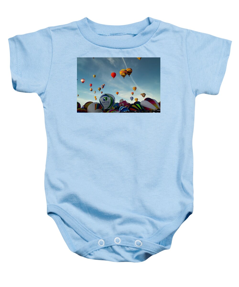 Albuquerque International Balloon Fiesta Baby Onesie featuring the photograph Up in the Air 3 by Segura Shaw Photography