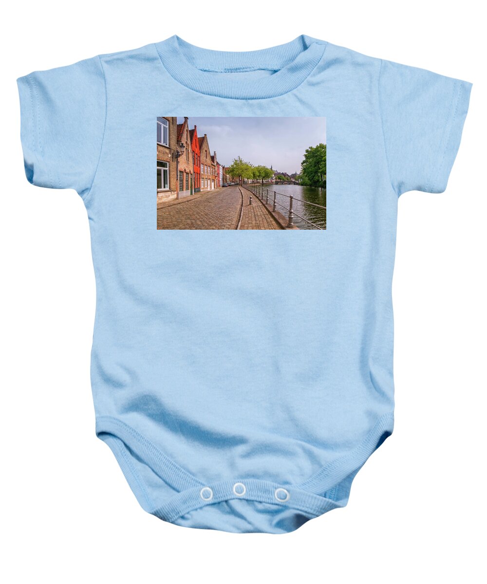 Belgium Baby Onesie featuring the photograph Traditional red brick houses and canal in Bruges, Belgium by Elenarts - Elena Duvernay photo