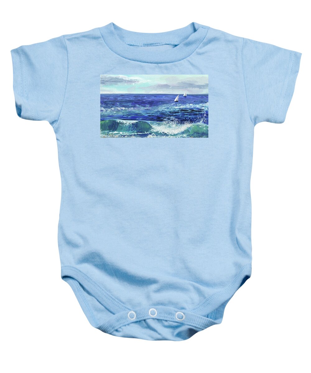 Boat Baby Onesie featuring the painting Two Boats In The Ocean Sea Waves Breeze by Irina Sztukowski