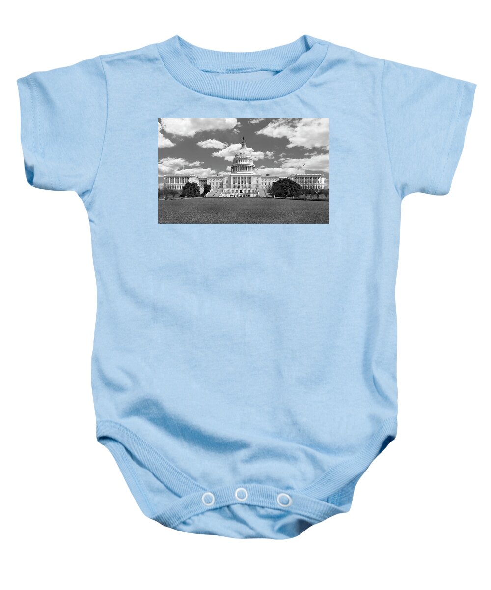 Us Capitol Baby Onesie featuring the photograph United States Capitol Building bw by Mike McGlothlen