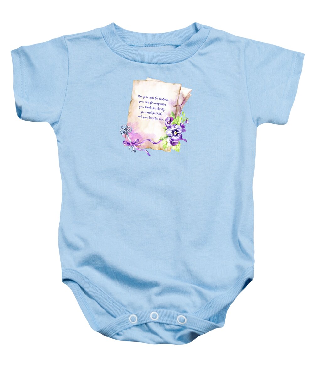 Inspirational Baby Onesie featuring the mixed media Use your voice for kindness and your ears for compassion by Johanna Hurmerinta