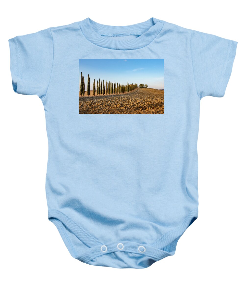 Orcia Baby Onesie featuring the pyrography Val d'Orcia, famous group of cypress trees in Tuscany, Italy by Eleni Kouri