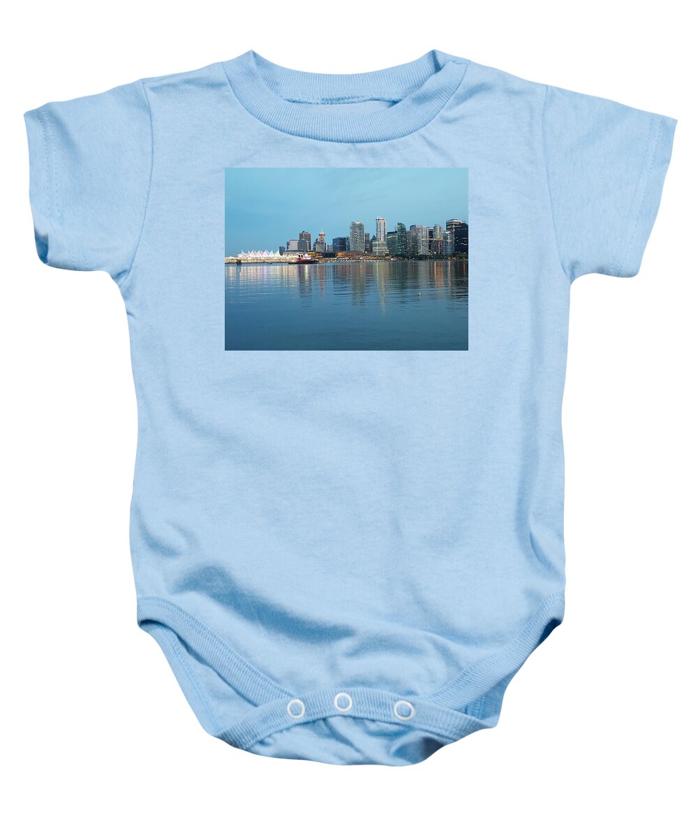 Stanley Park Baby Onesie featuring the photograph Vancouver Skyline from Stanley Park Seawall by James Cousineau