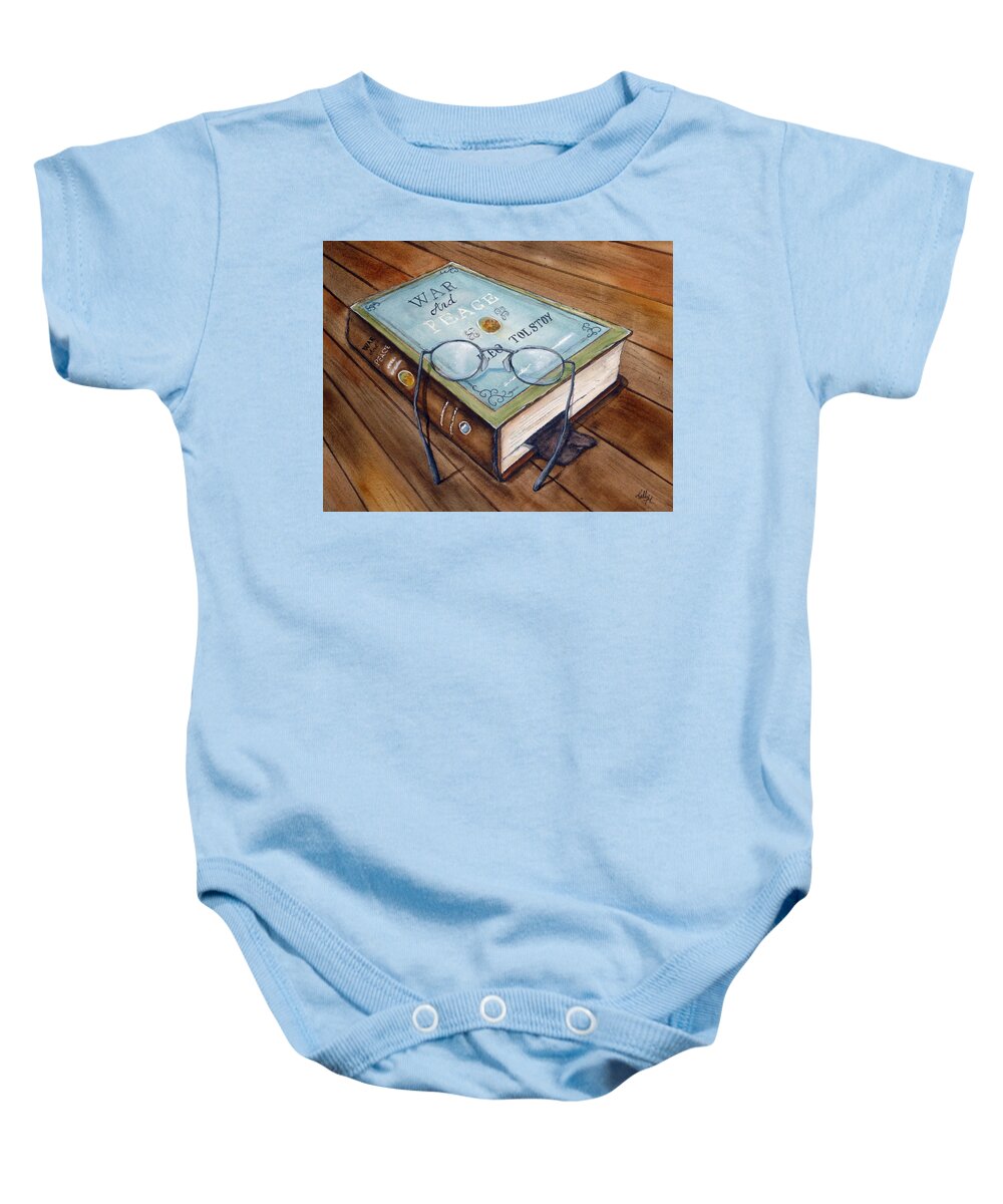 War And Peace Novel Baby Onesie featuring the painting War and Peace Novel by Kelly Mills