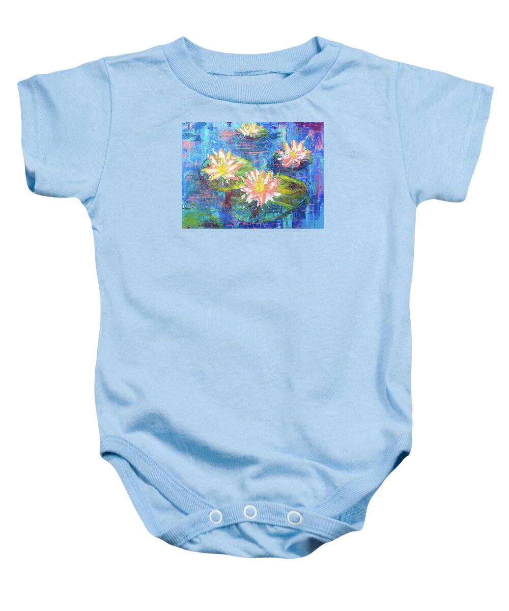 Water Baby Onesie featuring the painting Water Lily Pink Floral Water Garden by Joanne Herrmann