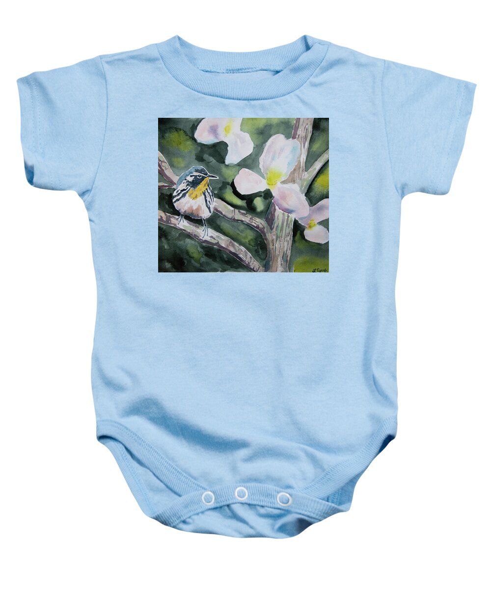 Yellow-throated Warbler Baby Onesie featuring the painting Watercolor - Yellow-throated Warbler with Magnolia by Cascade Colors