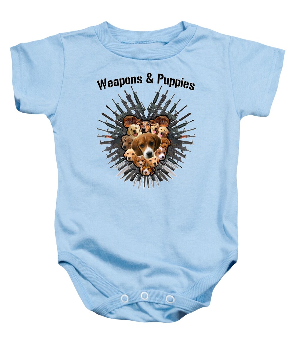 Puppy Baby Onesie featuring the painting Weapons and Puppies Black Text by Yom Tov Blumenthal