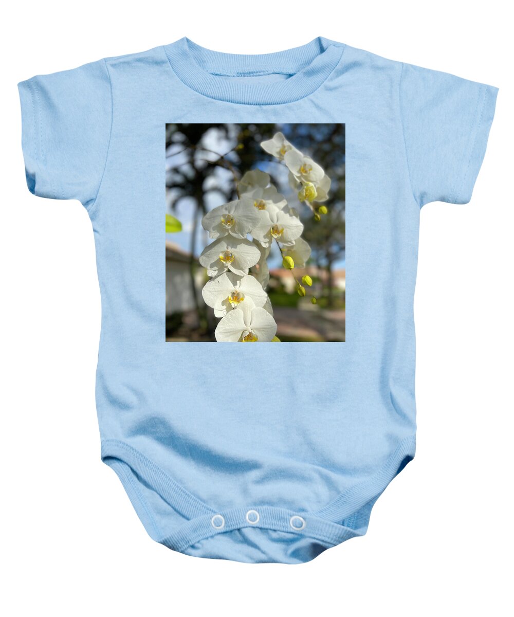 Orchid Baby Onesie featuring the photograph White Orchid With Yellow by Karen Zuk Rosenblatt
