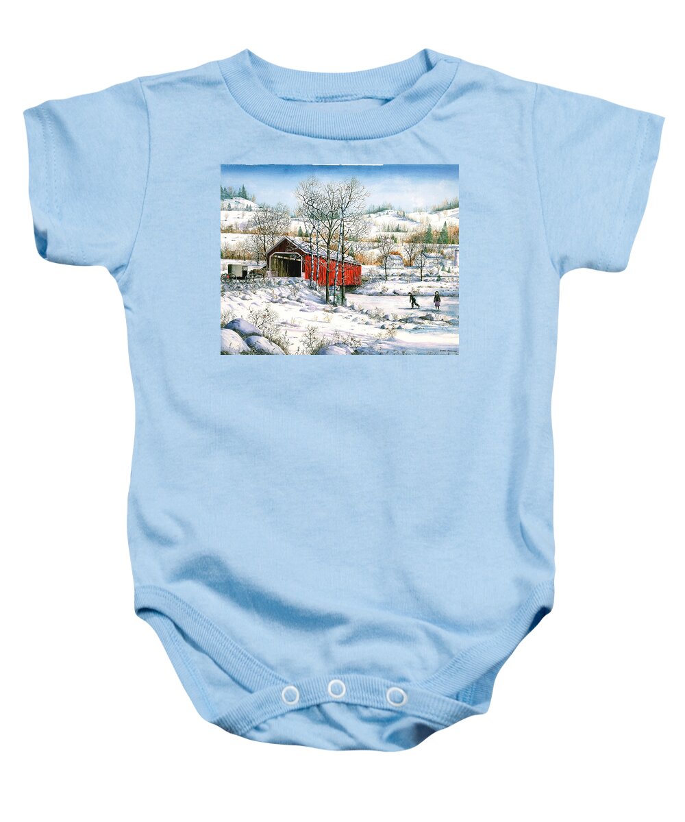 Covered Bridge Baby Onesie featuring the painting Winter Crossing by Diane Phalen