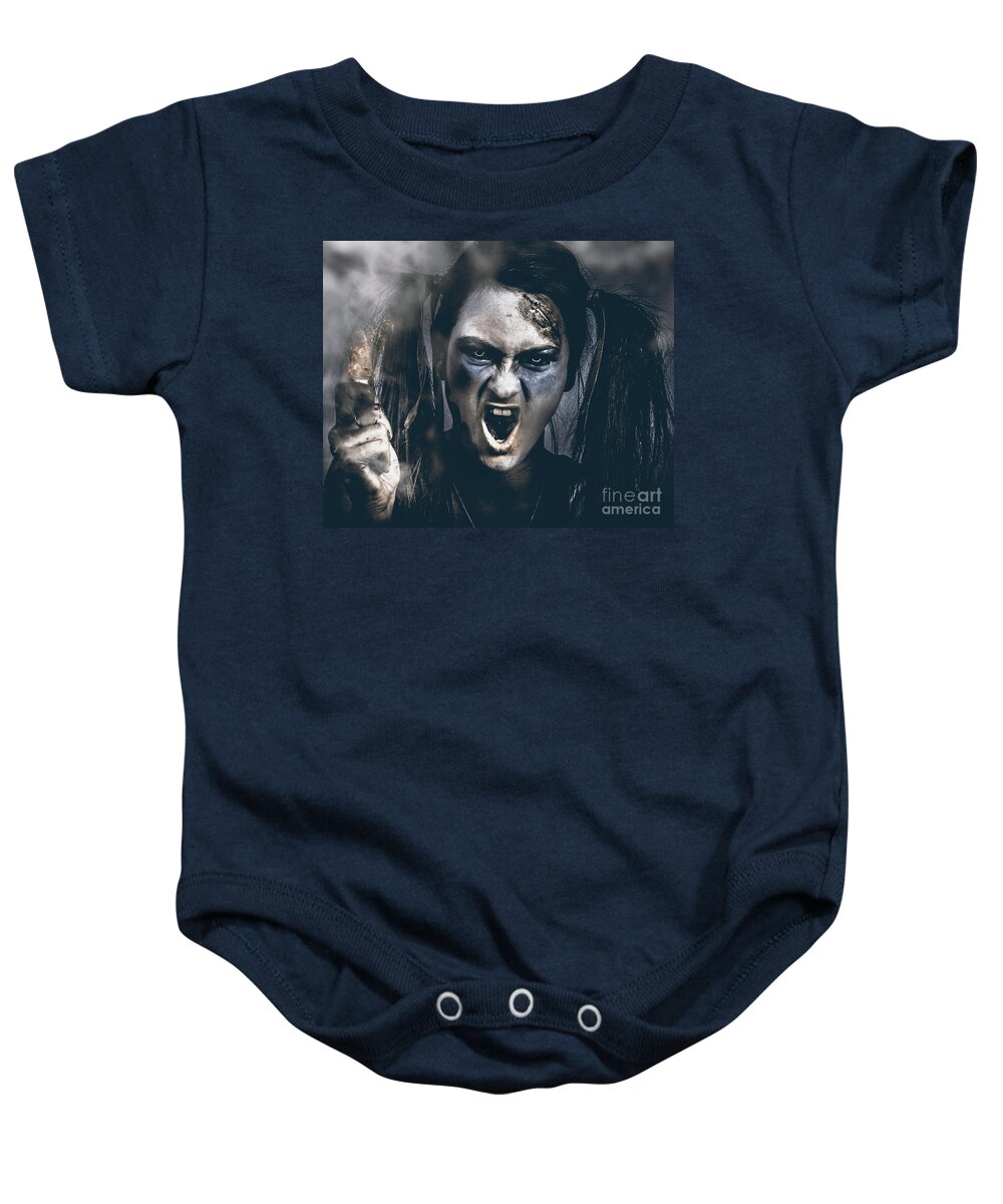 Face Baby Onesie featuring the photograph Spooky portrait of dead school girl giving finger #1 by Jorgo Photography