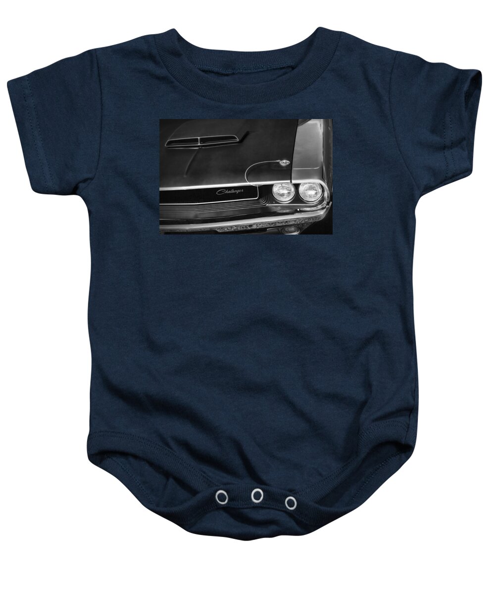 1970 Baby Onesie featuring the photograph 1970 Dodge Challenger T/A in Black and White by Gordon Dean II