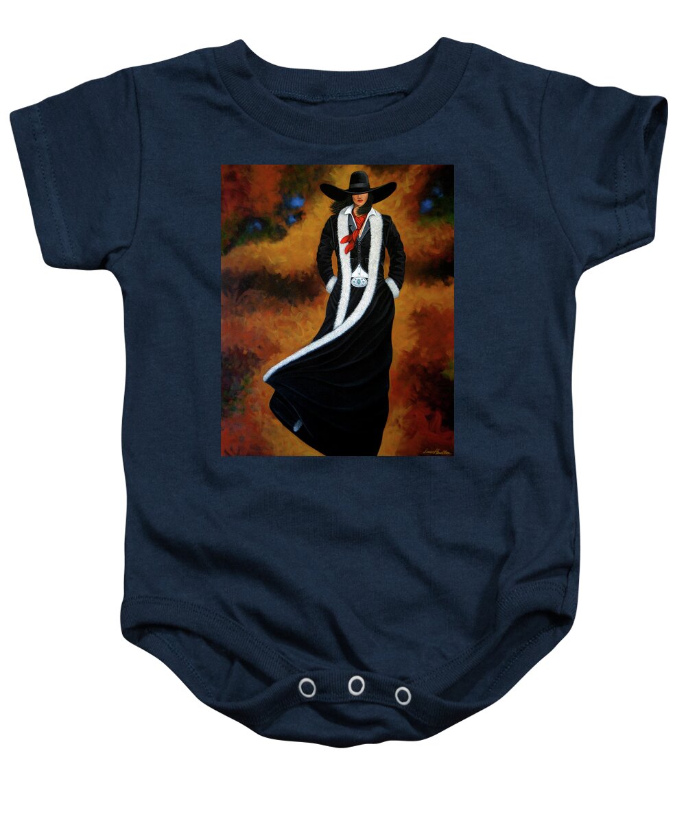 New West Baby Onesie featuring the painting Leather and Fur by Lance Headlee