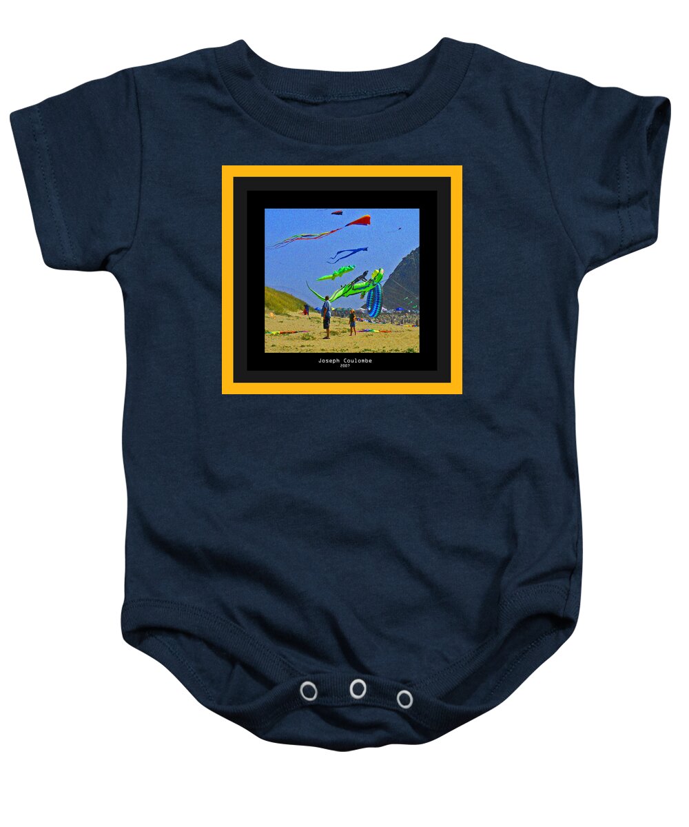 Beach Kids Baby Onesie featuring the digital art Beach Kids 4 Kites by Joseph Coulombe