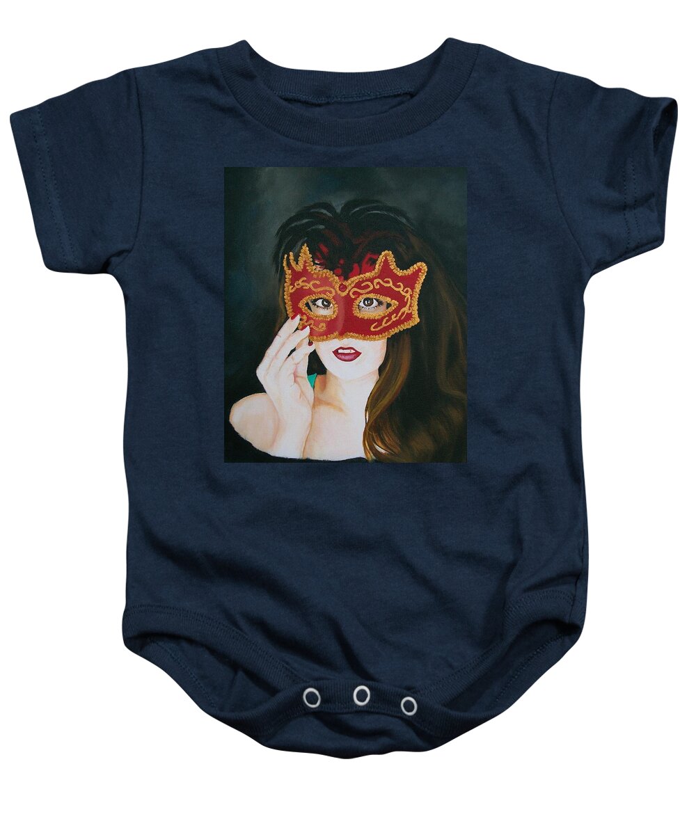 Halloween Baby Onesie featuring the painting Beauty and the Mask by Sharon Duguay